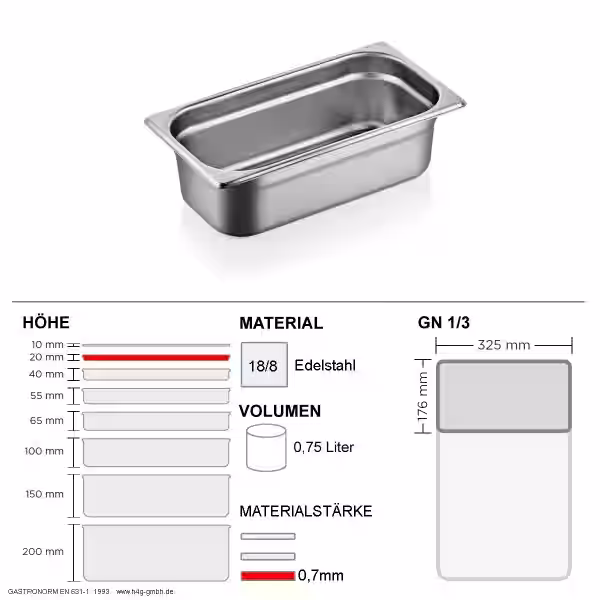 Gastronorm Behälter GN 1/3 - 20mm - GN90 - 18/8 Edelstahl - 0