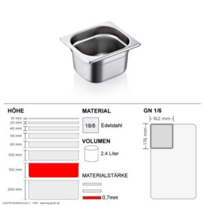Gastronorm Behälter GN 1/6 - 150mm - GN90 - 18/8 Edelstahl - 0