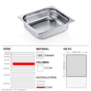 Gastronorm Behälter GN 2/3 - 65mm - GN90 - 18/8 Edelstahl - 0