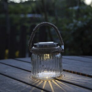 LED Solarglas - geriffeltes Glas - Windlicht mit Juteseil - Lichtse...