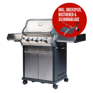 SANTOS Gasgrill S-318 | Seiten- & Heckbrenner | Edelstahl inkl. Drehspieß | Rostheber & Silikonablage